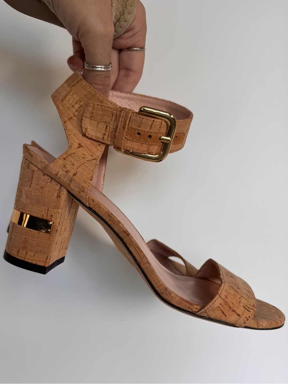 Stuart Weitzman Nusolo Cork Tan Block Heels Sandals 8